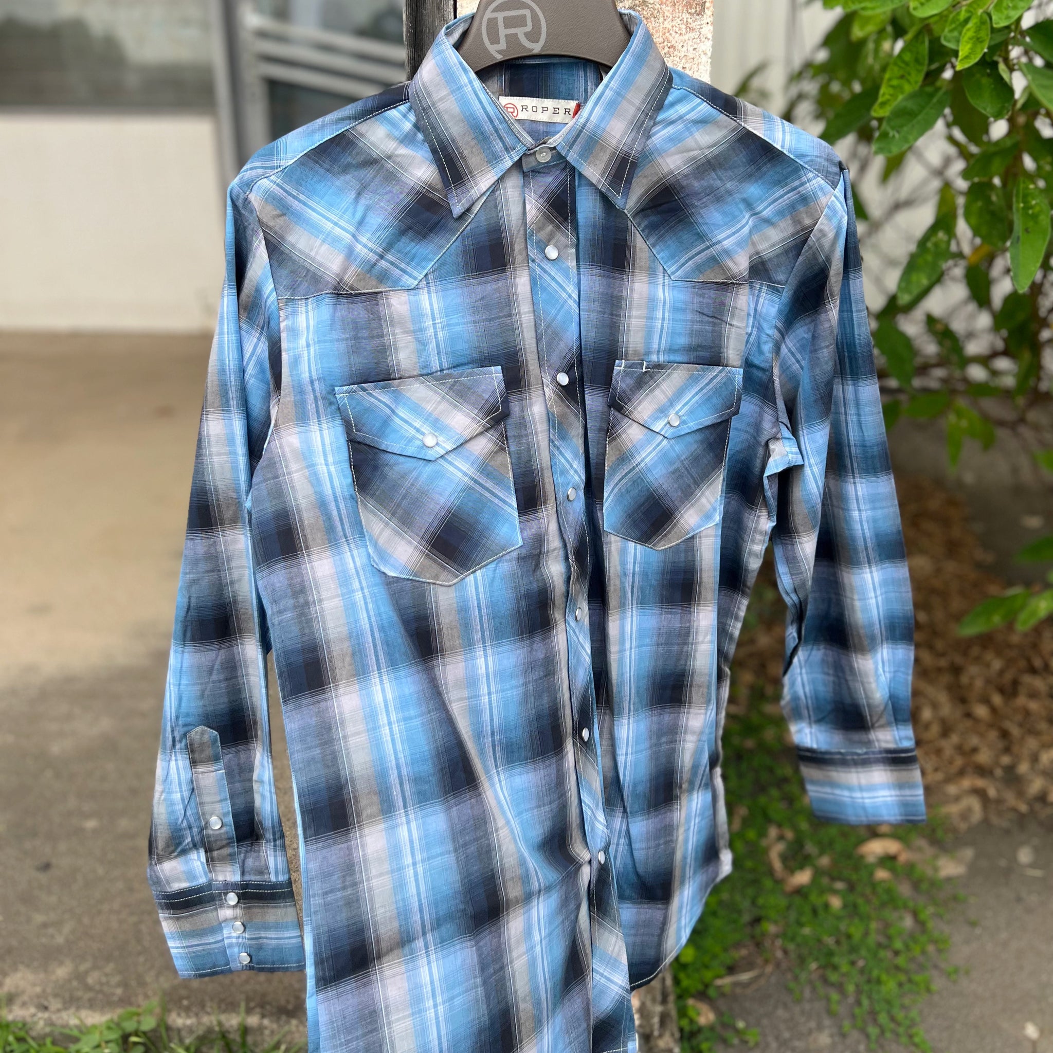 1-01-101-1000 Roper Mens Karman Classic 55/45 Collection LS Shirt Plaid Blue
