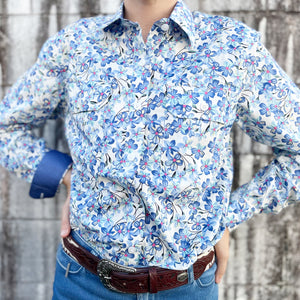 WWLS2212 Just Country Ladies Abbey Full Button Print Workshirt White/Blue Hibiscus