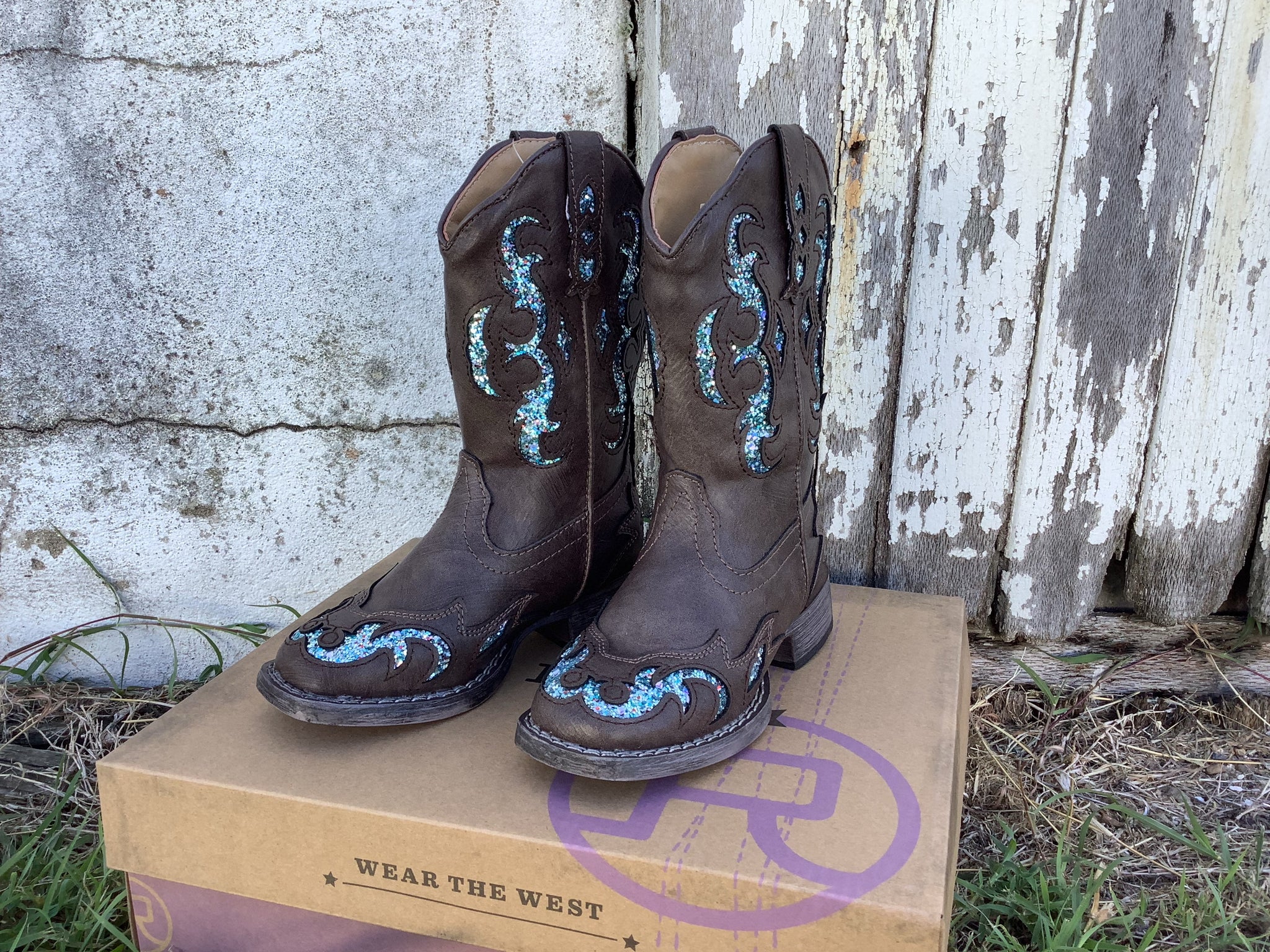 09-018-1903-2927 Roper Little Kids Glitter Gypsy Brown/Blue Glitter Boots