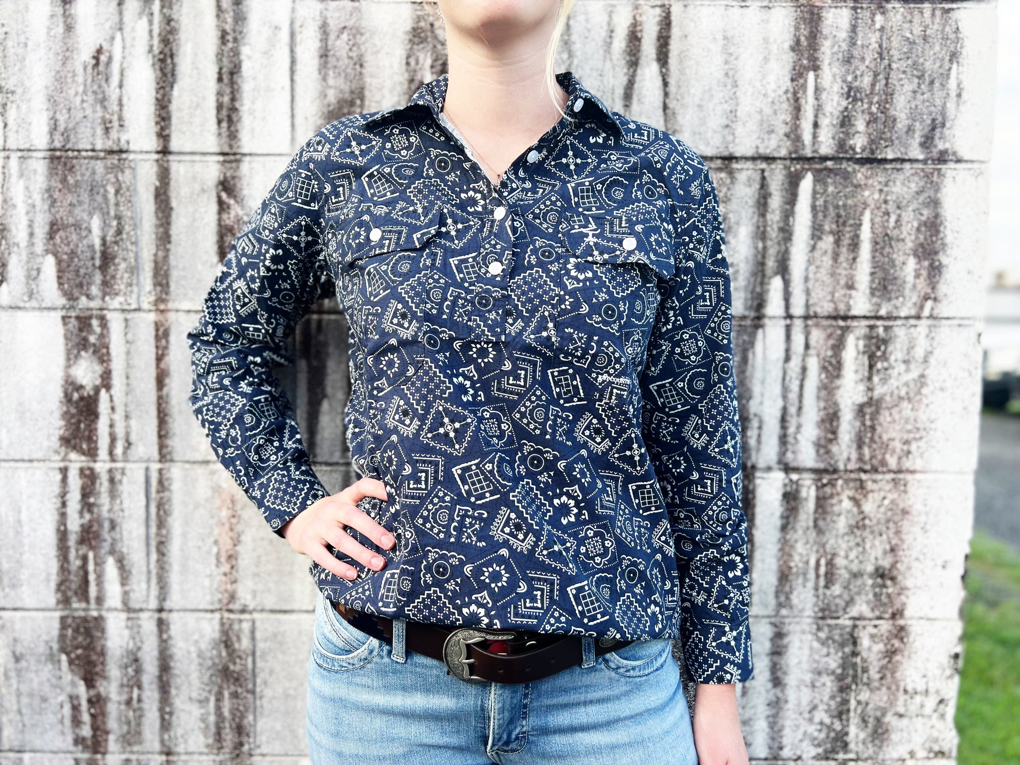 WWLS2252 Just Country Ladies Georgie Half Button Print Workshirt Navy Bandana