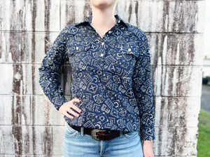 WWLS2252 Just Country Ladies Georgie Half Button Print Workshirt Navy Bandana