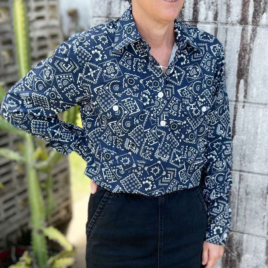 WWLS2252 Just Country Ladies Georgie Half Button Print Workshirt Navy Bandana