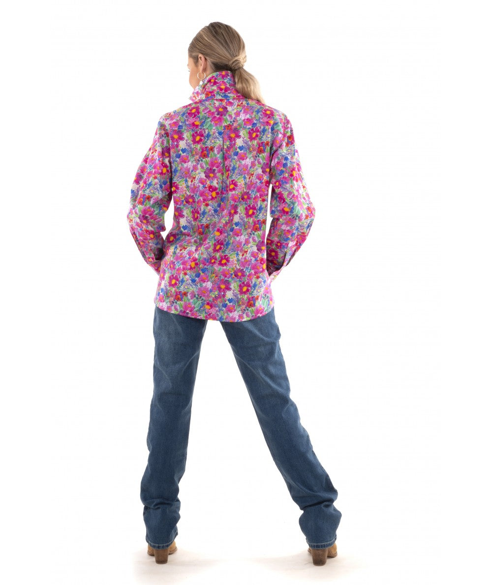 W01A-OF Bullrush Oil Painted Flowers L/S Shirt Hot Pink