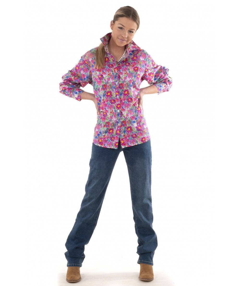 W01A-OF Bullrush Oil Painted Flowers L/S Shirt Hot Pink